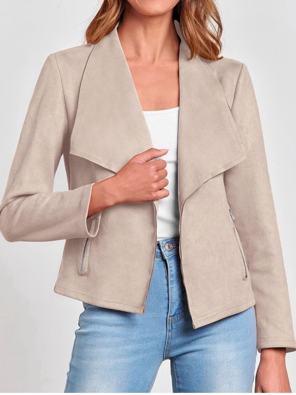 KIRUNDO Women's Beige Open Front Faux Suede Jacket Zipper Pockets Size S